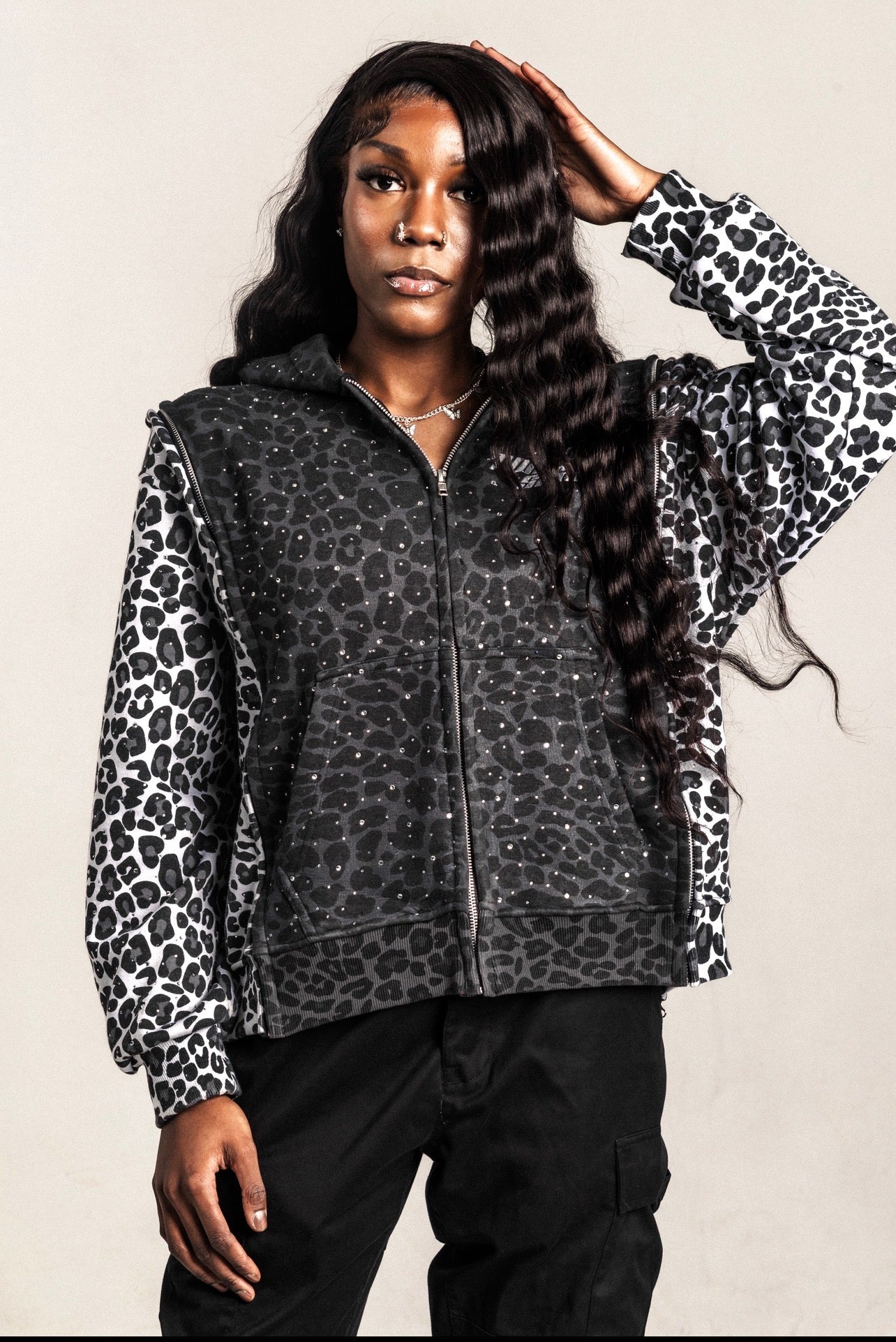 Black Interchangeable Diamond zip up hoodie